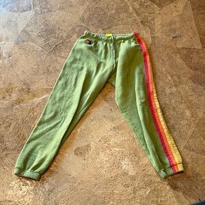 Aviator Nation Green Track Pants with Rainbow Side Stripe